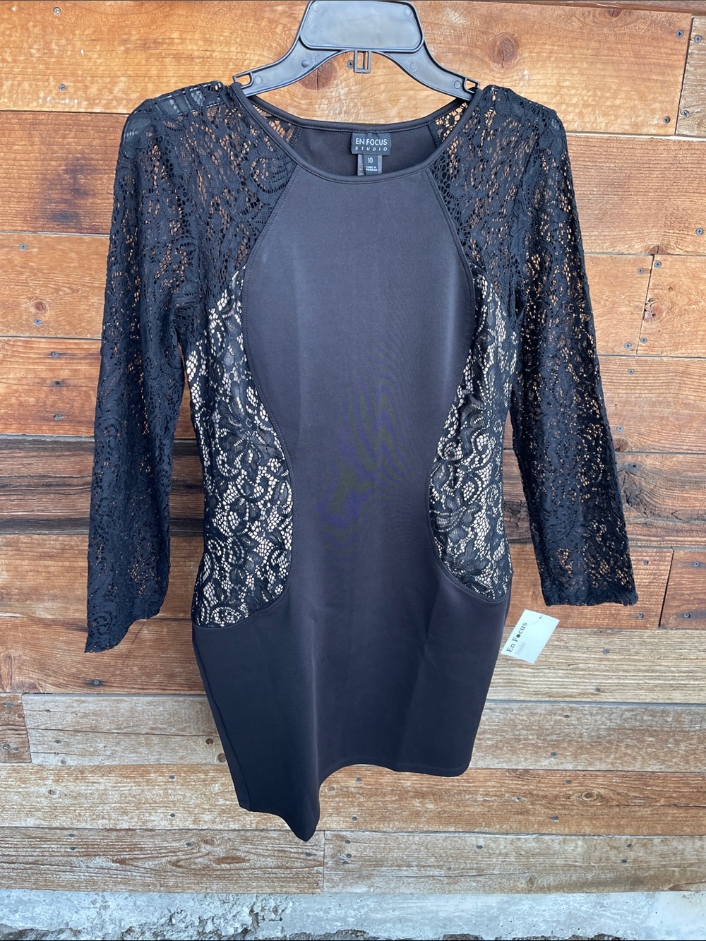 Enfocus Studio Black Lace Inset Long Sleeve Sheath Dress